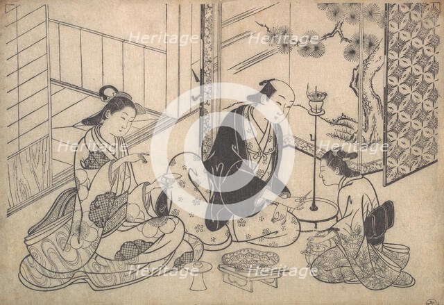 Interior, Three Figures: Sake Party, ca. 1730. Creator: Hasegawa Mitsunobu.