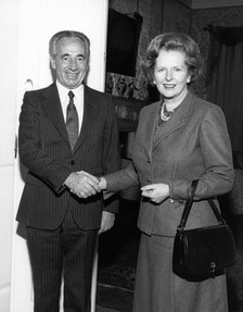 Margaret Thatcher (1925-), British Prime Minister with Shimon Peres, Israeli Prime Minister, 1987. Artist: Sidney Harris