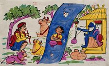 Krishna playing his flute to the cows and Radha who is immersed in the river... Creator: Unknown.