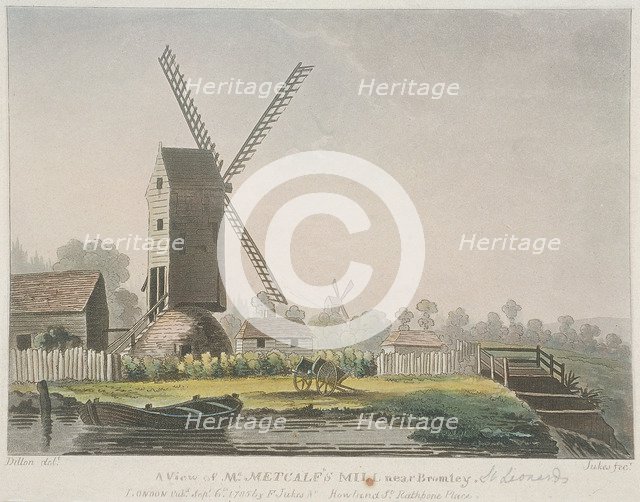 'A view of Mr Metcalf's mill near Bromley', Bow, Poplar, London, 1785. Artist: Francis Jukes