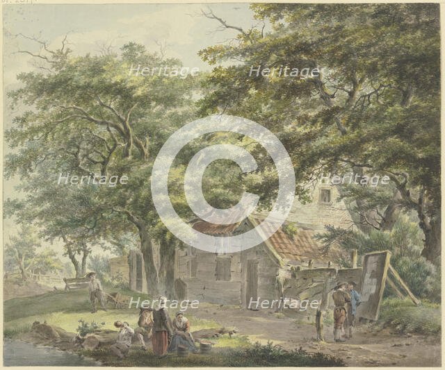 Farmhouse under trees, a man with a wheelbarrow on the left. Creator: Hermanus van Brussel.