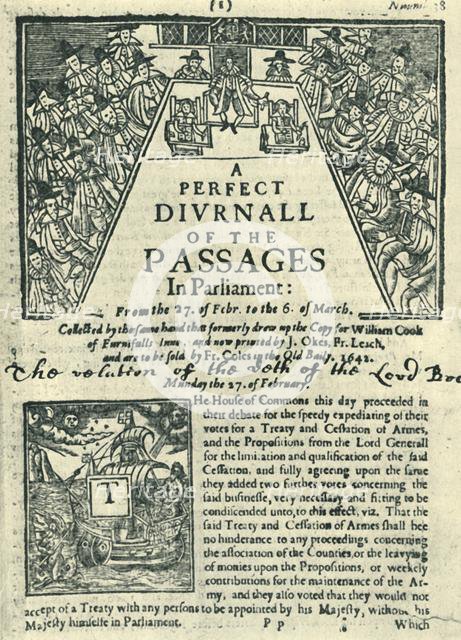 Front page of "A Perfect Diurnall of the Passages in Parliament", February-March 1642, (1945).  Creator: Unknown.