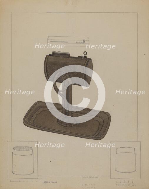 Lamp and Tallow Strainer, c. 1936. Creator: Marie Famularo.