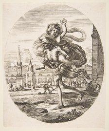 Death carrying a child, from 'The five deaths' (Les cinq Morts), ca. 1648. Creator: Stefano della Bella.