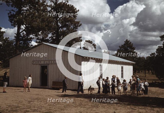 School at Pie Town, New Mexico is held at the Farm Bureau Building, 1940. Creator: Russell Lee.