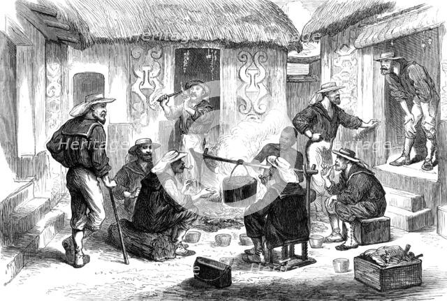 The Ashantee War: Naval Brigade men breakfasting in the courtyard of an Ashantee house, 1874. Creator: Unknown.