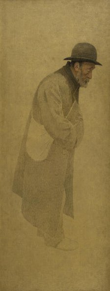 La Bouchée de pain : vieil homme coiffé d'un chapeau melon, une besace en bandoulière, c.1904. Creator: Fernand Pelez.