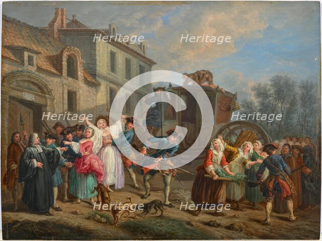 Parisian city scenes: arrest of prostitutes by the Provost Marshal and his guards, Mid 18th cent. Creator: Jeaurat, Etienne (1699-1789).