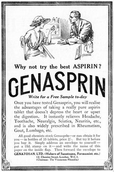Advertisement for Genasprin, a proprietary brand of the drug Aspirin. 1919. Artist: Unknown