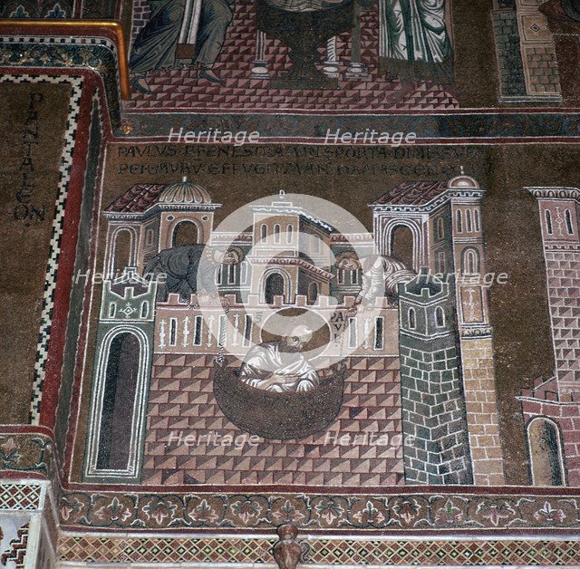 A mosaic showing St Paul escaping from a city in a basket, 12th century. Artist: Unknown
