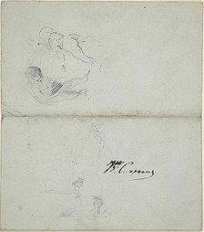 Sketches of Two Children, Boats at Sea (recto); Sketches of Striding Male Figure Holdin..., 1847/75. Creator: Jean-Baptiste Carpeaux.