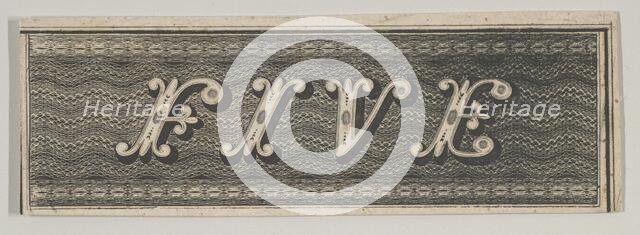 Banknote motif: the word FIVE against a rectangle of ornamental lathe work resembli..., ca. 1824-42. Creator: Durand, Perkins & Co.
