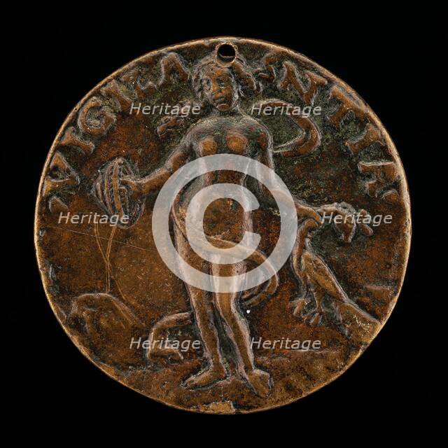 Figure Holding a Shield and Peacock [reverse], c. 1495. Creator: Unknown.