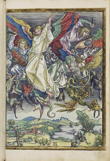 Michael's fight with the dragon. From the Apocalypse (Revelation of John), 1511. Creator: Dürer, Albrecht (1471-1528).