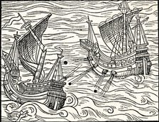 'Engagement Between Two Merchant Ships Off The Coast of Iceland', 1555. Artist: Unknown.