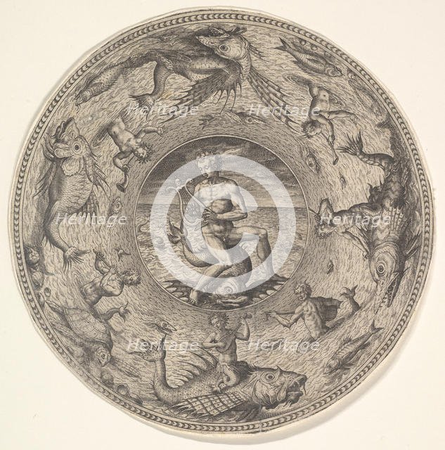 Arion on a Dolphin surrounded by a Border decorated with Sea Creatures, from a Set of..., 1580-1600. Creator: Adriaen Collaert.