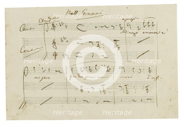 The autograph manuscript: Opera Ernani, final aria Solingo, errante e misero, Early 1840s.