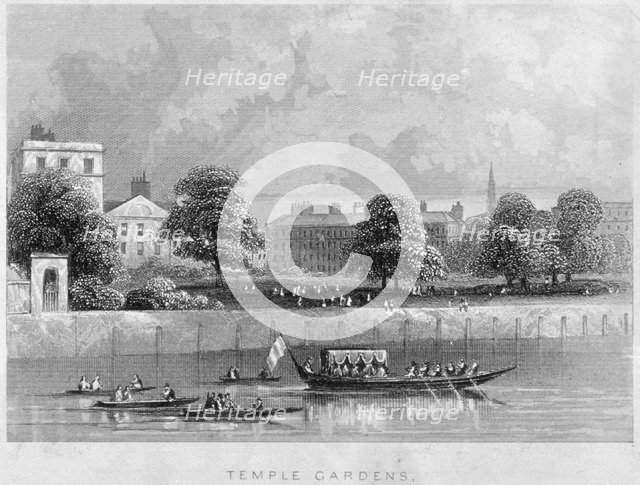 View of Temple Gardens from the Thames with boats on the river, City of London, c1850.               Artist: Anon