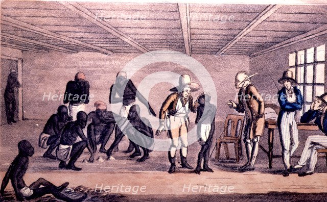 Slaves trading in Rio de Janeiro, colored lithograph.