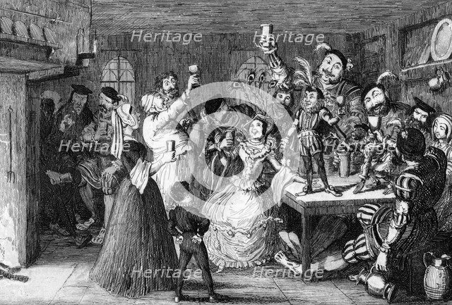 Xit, now Sir Narcissus le Grand, entertaining his friends on his wedding day, 1840.Artist: George Cruikshank
