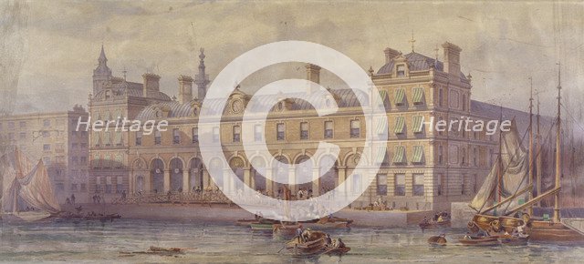 View of Billingsgate Market with figures and boats in the foreground, London, 1877. Artist: CF Kell