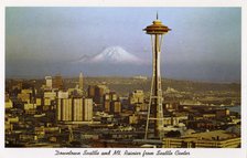 Downtown Seattle and Mount Rainier from the Seattle Center, Washington, USA, 1963. Artist: Unknown