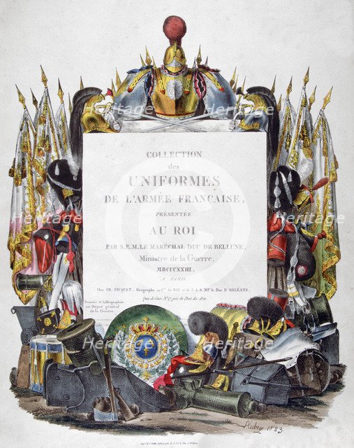 Frontispiece of Collection des Uniformes de L'Armee Francaise presentee au Roi, 1823.  Artist: Charles Etienne Pierre Motte