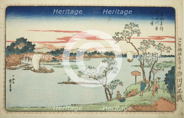 View of Leafy Cherry Trees along the Sumida River (Sumidagawa hazakura no kei), from the..., c. 1831 Creator: Ando Hiroshige.