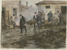Bourgeoisie cleaning the stables (from the series of watercolors Russian revolution), 1920. Artist: Vladimirov, Ivan Alexeyevich (1869-1947)