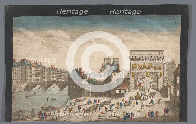 View of the Porte Saint-Bernard and the Pont de la Tournelle over the Seine River in Paris, 1745-75. Creator: Anon.