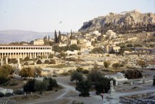 Agora, Stoa of Attalos and Acropolis, Athens, Evening, c20th century. Artist: Unknown.