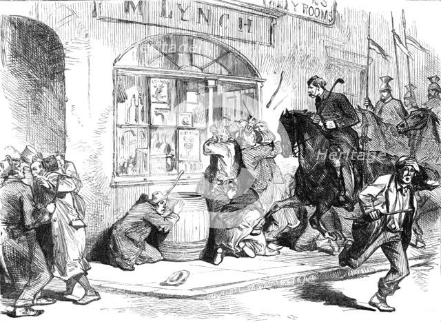 Sketches from Ireland: Lancers clearing the street of Granard at the Longford Election, 1870. Creator: Unknown.