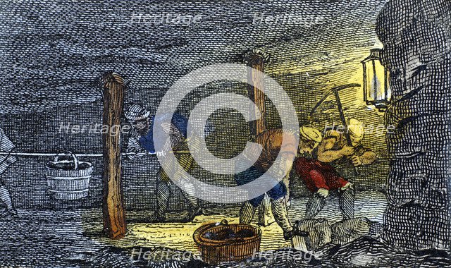 Underground scene in a coal mine in the Newcastle-upon-Tyne area of England, 1823. Artist: Unknown