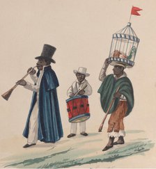 Two musicians and a man carrying on his head a rooster in cage, from a group of..., ca. 1848. Creator: Attributed to Francisco (Pancho) Fierro.