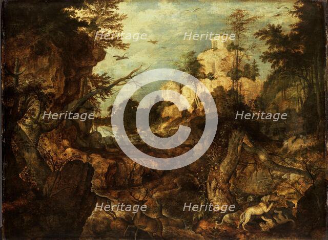 Wild boar hunt in a rocky landscape, 1620. Creator: Roelandt Savery.