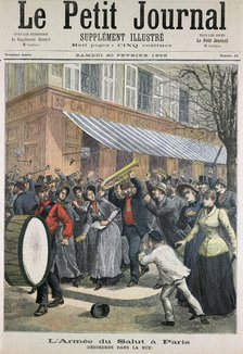 Salvation Army march led by a drummer being barracked by onlookers in Paris, 1892. Artist: Unknown