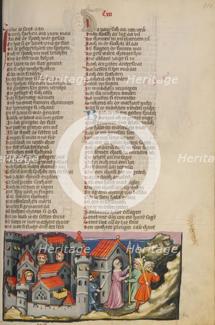 Rehab Hiding the Spies in Jericho; Weltchronik, about 1400-1410. Creator: Unknown.