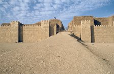 Facade of the Shamash Gate, Nineveh, Iraq, 1977.  Reconstruction built in the 1960s of one of the great gates of the ancient Assyrian city of Nineveh.