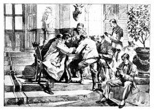 The Death of Mr. Gladstone: reading telegrams from royal...personages in the Hall at Hawarden, 1898. Creator: Unknown.