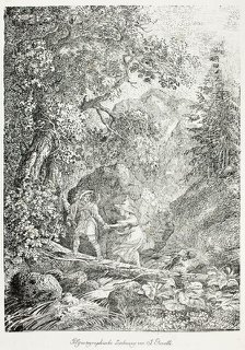 Hiker Crossing Over a Mountain Stream on a Tree Trunk with a Woman, 1804. Creator: Janus Genelli.