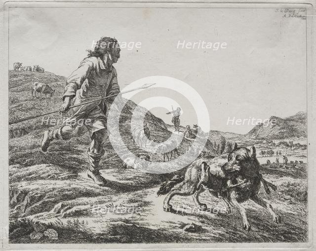 Shepherd Chasing a Wolf, 1803. Creator: Adam von Bartsch (Austrian, 1757-1821).