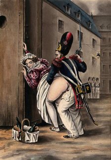 A grenadier and a woman having sexual intercourse outside a sentry box, she has laid her basket... Creator: Unknown.