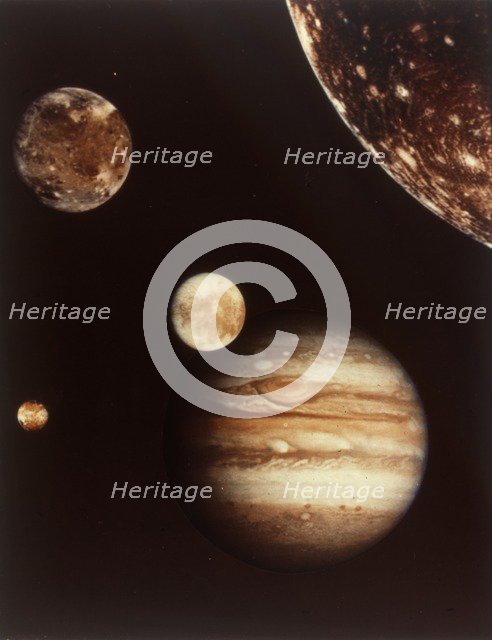 Colour composite of Jupiter and four moons. Creator: NASA.