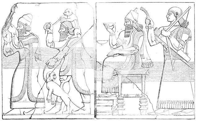 Nimroud Sculptures at the British Museum - Tribute Bearers; Assyrian King and Sword-Bearer, 1850. Creator: Unknown.