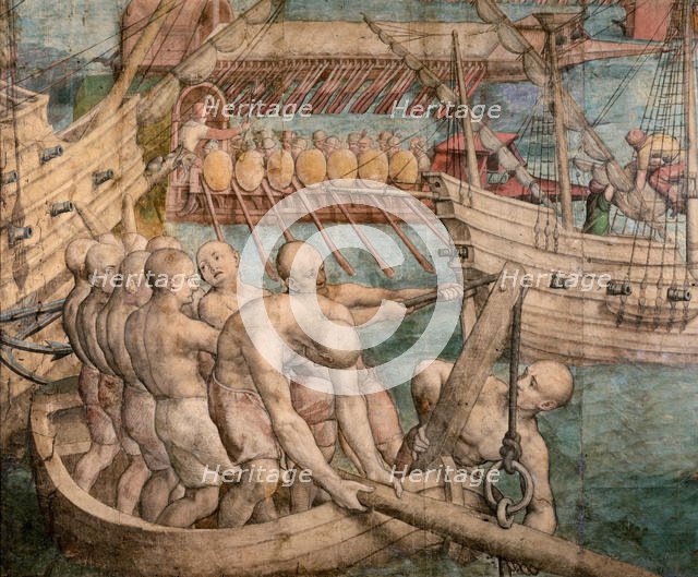 Galley slaves. Detail from: Emperor Charles V Captures Tunis (Tapestry Cartoon), c. 1548. Creator: Vermeyen, Jan Cornelisz. (1504-1559).
