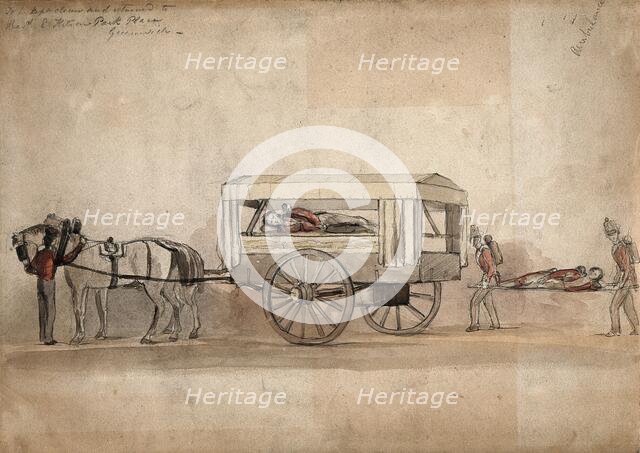 A horse-drawn military ambulance, c1850, with one patient being carried on a stretcher, 1850. Creator: Unknown.
