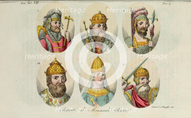 1. Rurik 2. Igor of Kiev 3. Olga 4. Sviatoslav 5. Vladimir the Great 14. Ivan IV (from Il costume antico… by Giulio Ferrario), 1831. Artist: Giarrè, Luigi (1772-1844)
