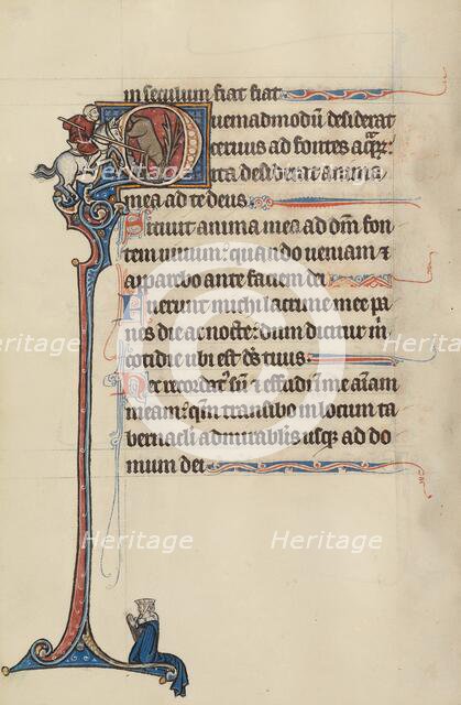 Initial Q: A Stag being killed by a man on horseback with a Lance; Bute Psalter, about 1285. Creator: Bute Master.