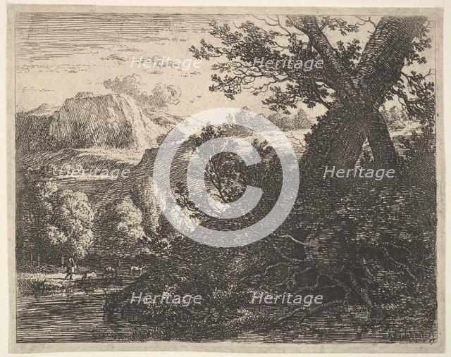 Tree with roots laid bare alongside a stream, a hilly landscape and a man walking behind q..., 1659. Creator: Karel Du Jardin.