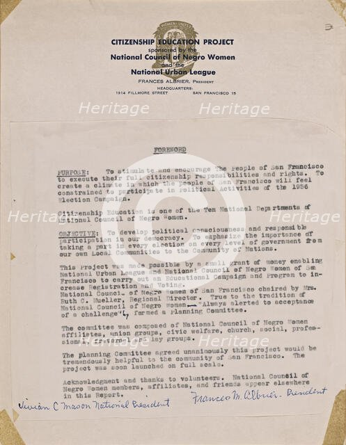 Document stating the purpose and objectives of the Citizenship Education Project, 1956-1957. Creator: Unknown.
